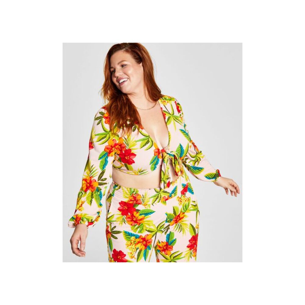 Bar III Trendy Plus Size Tropical Print Tie Front Top